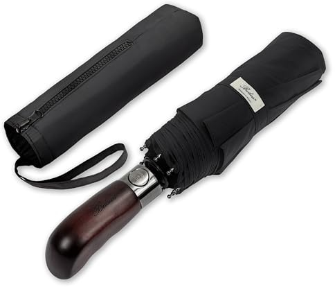 Balios® Regenschirm Mit Echtem Holzgriff -Optional | Auf Zu Automatik | Sturmfest & Windsicher | Taschenschirm Für Herren & Damen Schwarz (Designed in Britain) (BLACK with Luxury REAL WOOD Handle)