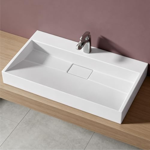 doporro Waschbecken 80 cm Aufsatzwaschbecken mineralguss Hängewaschbecken | Pflegeleichte Oberfläche, verdeckter Ablauf, flexible Montage für Bad & Gäste-WC, 80x46x11 cm, Matt Weiß, Colossum19