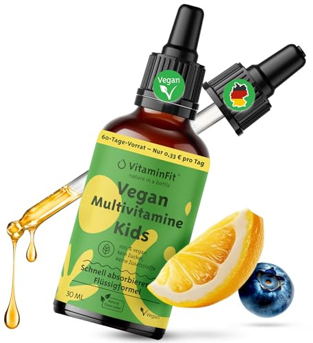 VitaminFit Multivitamin Tropfen für Kinder ab 3 Monaten – Flüssig, Vegan & Ohne Zucker – 13 Vitamine inkl. A, C, D3 & B12 – Neutral im Geschmack – 30ml