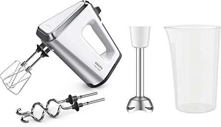 Krups 3 Mix 9000 Handmixer, 750 Watt, Geschwindigkeitsregler, Turbomodus, ergonomischer Griff, Handrührgerät inkl. Schneebesen, Knethaken, Pürierstab-Aufsatz, Messbecher, weiß/silber, GN9121