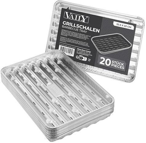 Vaily Alu Grillschalen Grillpfanne 20er Pack - Tropfschale Zubehör für BBQ, Camping und Küche - Aluschale für weniger Fett und Schmutz - 32,5 x 22 cm