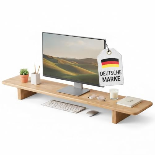 MNCH Markets Dual Monitor Ständer aus Holz, Ergonomische Bildschirmerhöhung, Schreibtischorganizer mit Kabeldurchlass, Naturholz Desktop Riser mit Ablagefläche für Büro und Home Office