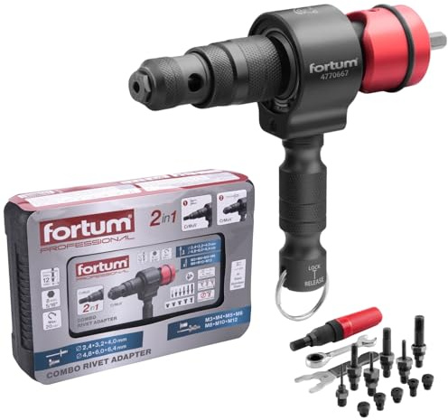 Fortum 2-in-1 Nietaufsatz für Akkuschrauber & Bohrmaschine I Nietgerät für Blindnieten & Nietmuttern aus Alu, Stahl & Edelstahl I Blindnietvorsatz für 2,4-6,4 mm Nieten + M3-M12 Niet-Muttern