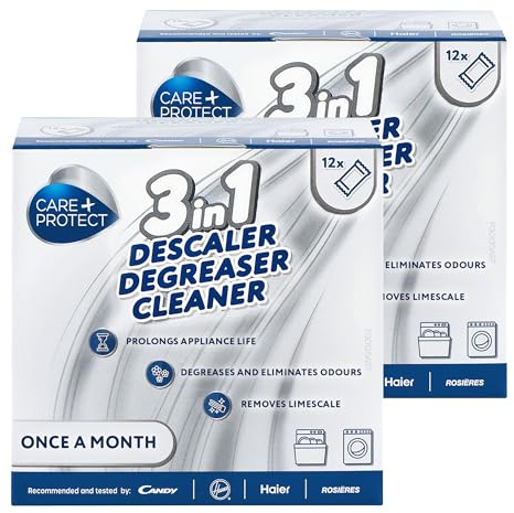 CARE+PROTECT 3in1 Entkalker, Fettlöser und Hygienereiniger, 12 Beutel | Universal für Geschirrspüler und Waschmaschine, Entfernt Kalk und Gerüche, Monatliche Anwendung