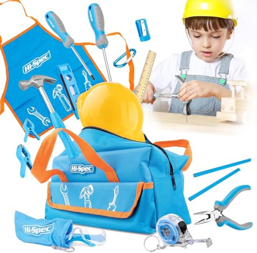 Hi-Spec Kinder-Werkzeugset mit Hammer, Schraubendreher, Zange, Helm, Brille | 18-tlg. echtes Werkzeug, kindgerechte Griffe, Schutzbrille, Schürze, Aufbewahrungstasche, fördert Motorik und Kreativität