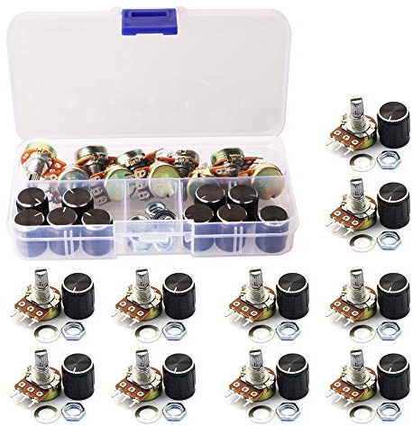 GTIWUNG 10 Stk. Linear-Potentiometer Mono Linear B10K Einzelpotentiometer WH148 3Pin Dreh-Potentiometer mit Muttern und Unterlegscheibe, Schwarzer Drehknopf Cap aus Aluminiumlegierung