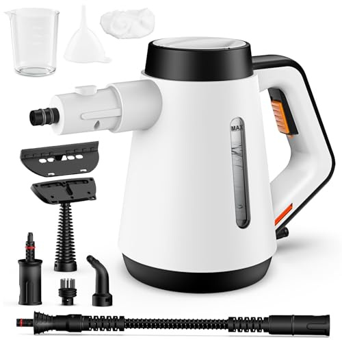 Fippesax Handdampfreiniger, 400 ml Druck-Mehrzweckdampfreiniger mit 9-teiligem Zubehör, chemikalienfreier Dampfreiniger für den Heimgebrauch, Reinigung von Böden, Fliesen, Fenstern, Sofas (Weiß)