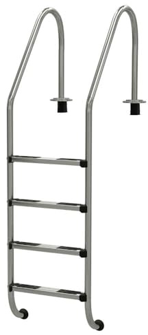 Tiefbeckenleiter Deluxe V4A Edelstahl 4 Stufen mit Weitholm - Premium Poolleiter für Einbaubecken bis 150 cm Tiefe - Hochglanzpoliert mit rutschfesten Stufen