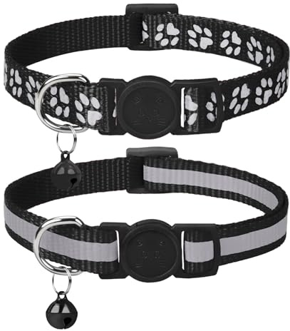 Taglory Reflektierendes Katzenhalsband mit Sicherheitsverschluss, 2 Stück | Weiches Nylon, für Katzen und Kitten, verstellbar 19-32 cm, Glöckchen abnehmbar, löst sich bei starkem Zug