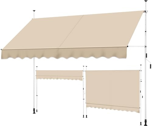 Yaheetech Klemmmarkise 300cm Breit Balkonmarkise mit Handkurbel Sonnenschutz ohne Bohren Sonnenmarkise höhenverstellbar Markise mit Gestell, Beige