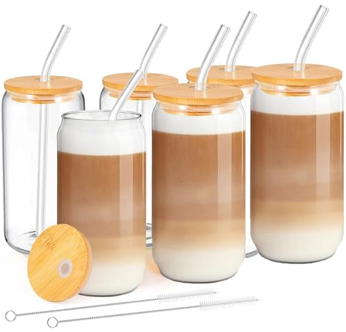 MEIMUCUL Glas mit Deckel und Strohhalm,Eiskaffee Gläser 500ml | 6er Smoothie Gläser,Ice Coffee Glas,Dosenförmige Glasbecher,Trinkgläser mit Strohhalm und Deckel für Latte,Macchiato,Smoothie