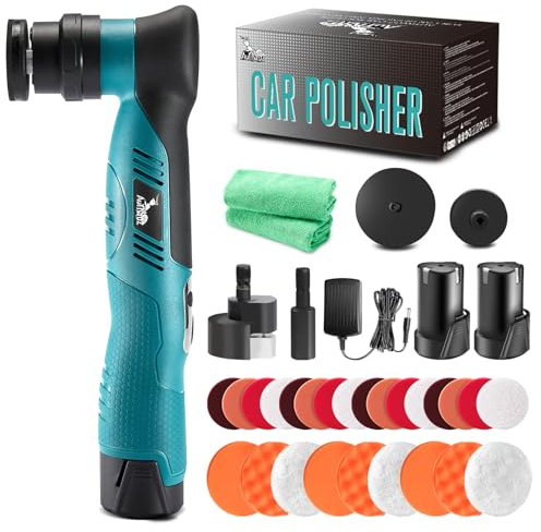 AUTIWOZ Akku Poliermaschine auto, Mini Poliermaschine für auto 30mm/75mm,Kratzerentfernung mit 12V 2.0Ah Li-Ion Akkus, 6 Geschwindigkeiten für Auto Detailing und Wachsen W62