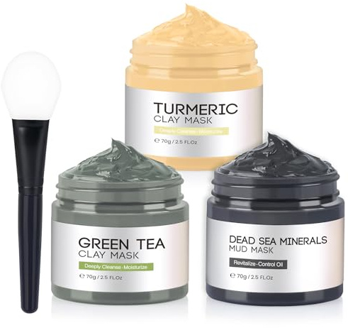 Gesichtsmaske Set für Frauen, Clay Mask mit Kurkuma, Grüner Tee & Totes Meer, Tonerde Maske für Tiefenreinigung, Poren, Mitesser & Ölige Haut – Face Mask 3x70g