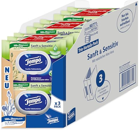 Tempo Toilettenpapier, feucht, sanftundsensitiv Trio-Pack (18 Packungen x je 42 Blatt), Großpackung, 1 kg