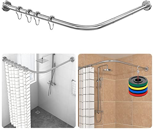 Duschvorhangstange L-förmig, verstellbar 70–100 × 70–100 cm, Edelstahl 304 | Eckduschstange mit 18 Edelstahlringen, bohrende oder bohrfreie Montage, geeignet für Badezimmer und Badewanne