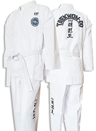 ITF Taekwondo Uniform Kinder Erwachsene Gestreifter Stoff Karate Gi Judo Anzug für Wettkampf und Training,White-140