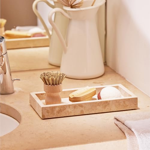 Navaris Tablett für Schmuck und Make-Up - Badezimmertablett - Travertin - 25 x 12 - Schlüsselablage Schale - Badezimmer Tablet - Naturstein - Badezimmer Steinplatte - rechteckig