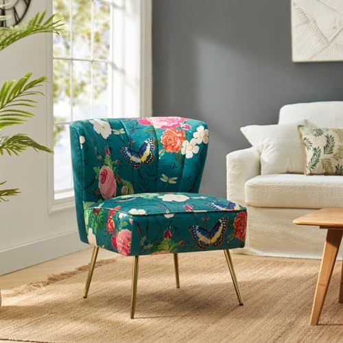 HULALA HOME Esszimmerstühle, Moderne gepolsterter Küchenstühle ohne Armlehnen Esszimmerstühle mit goldenen Metallbeinen Blumen Muster für Esszimmer Wohnzimmer Schlafzimmer, 66Bx76Tx79H, Blau