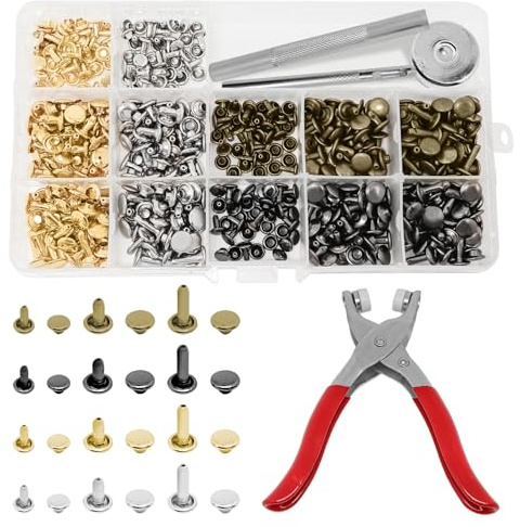 180 Stück Set Metallniete Doppelkappe, 12、 8、 6MM Nietenzange Set | Leder Nieten Set, Hohlnieten Set mit Nietenzange und Lochzange,Flachnieten Set für DIY Lederhandwerk Handwerk Nähen