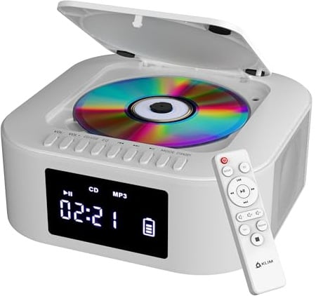 KLIM Boombox E1 Radio mit CD Player - BASS Boost mit Tieftöner - FM, MP3, Bluetooth, AUX, USB, Kompakt Disc - CD Player tragbar mit kabellosem Modus und aufladbaren Akku - Mit Fernbedienung - Weiß