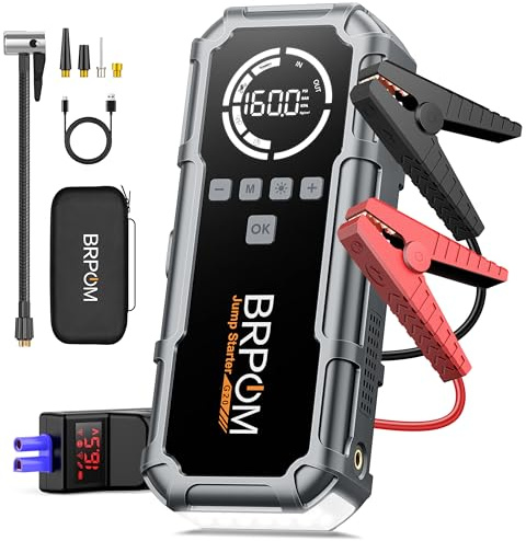 BRPOM 9000A Starthilfe Powerbank mit Luftkompressor 160 PSI | Auto Starthilfe Powerbank für All Benzin und 12.0L Dieselmotor,Starter Powerbank Eingang/Ausgang und 600LUM LED-Licht