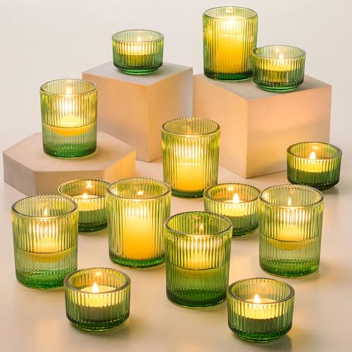 Hewory 24er Set Grün Teelichthalter Glas Windlicht für Hochzeit Tischdeko | Zwei Größen, Dickes Premium-Glas, Teelichtgläser für Wohnzimmer Deko Weihnachten Party Konfirmation Kommunion Großpack