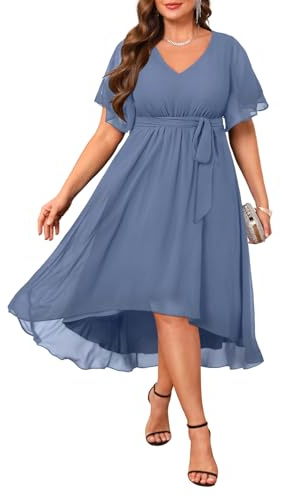 Talisea Kleid in Übergröße, für Hochzeitsgäste – formelles Cocktailkleid, Chiffon, V-Ausschnitt, kurze Ärmel, hoch niedrig, kurvige Damenkleider