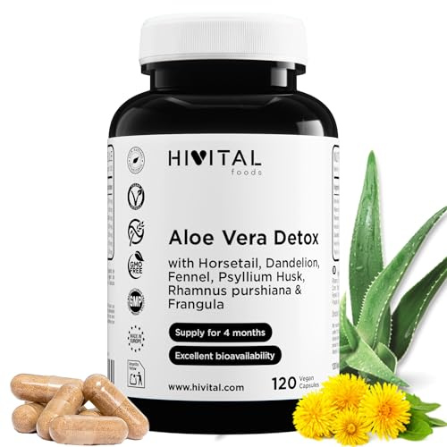 Aloe Vera Detox. 120 vegane Kapseln für 4 Monate. Mit Cascararinde, Frangula, Schachtelhalm und Löwenzahn. Harntreibend und natürliches Abführmittel. Hergestellt von HIVITAL