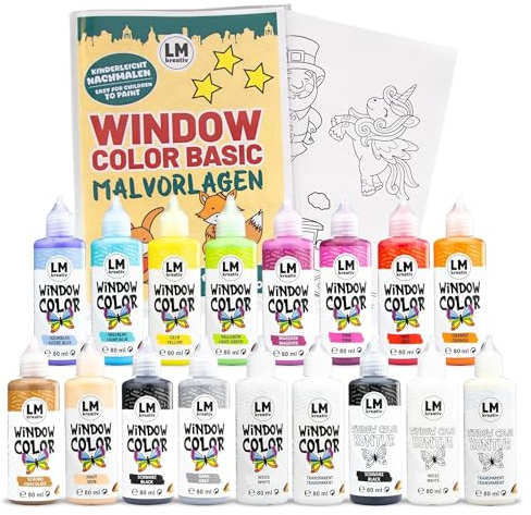 LM Window Color Set (17 x 80 ml Basic inkl. Konturfarbe & Malvorlagen) - Abziehbare Fenstermalfarbe/Stickerfarbe auf Wasserbasis für glatte Oberflächen wie Glas, Spiegel und Fliesen
