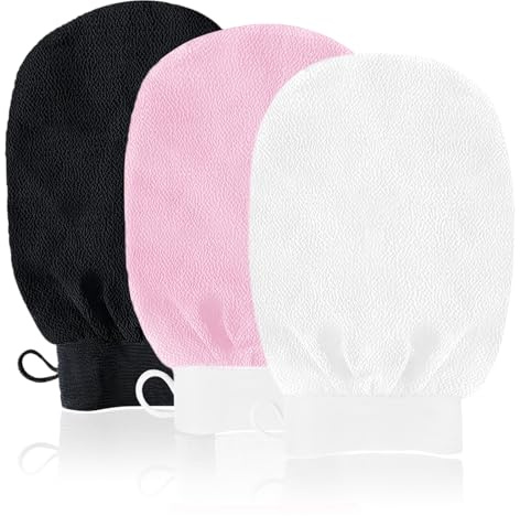 URAQT Peelinghandschuh, 3 Stück Exfoliating Gloves, Peelinghandschuh Körper, Hamam handschuh für Körper und Gesich (Schwarz＋Weiß＋Rosa)