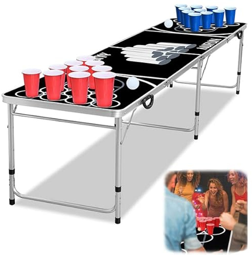 YUENFONG Beer Pong Tisch Set Klappbarer Tisch aus MDF inkl. 5 Bälle, 100 Becher (50 Rot & 50 Blau), Höhenverstellbar für Trinkspiele, Partys, Hochzeiten, Schwarz