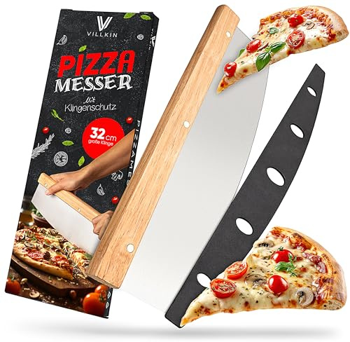 Villkin Pizzamesser mit 32cm Klinge - Scharfer Pizzaschneider aus Edelstahl mit Holzgriff - Großes Wiegemesser effektiver als Pizzaroller (Groß)