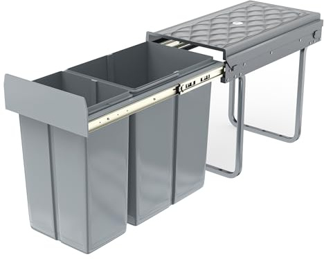 FIVMEN Einbaumülleimer Küche 2 Fächer Ausziehbar Mülleimer Abfalleimer Küche Unterschrank mit Teleskopschienen Küchenmülleimer Einbau Mülltrennsystem Grau, 1x20L+1x10L