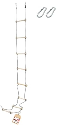 h2i Strickleiter aus Holz mit 8 Sprossen | Outdoor/Indoor Kletter- & Trainingsleiter | Hängeleiter mit PP‑Seilen & Karabiner | Länge 290 cm