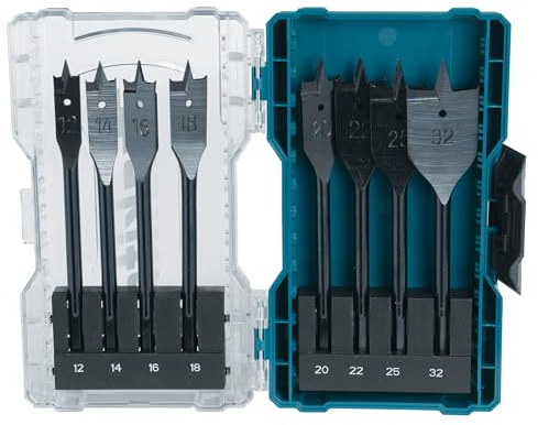 Makita E-08698 Flachfräsbohrer-Set 8-teilig in Aufbewahrungsbox, für Holz, Ø 12-32 mm, 150 mm lang, 1/4-Sechskantaufnahme