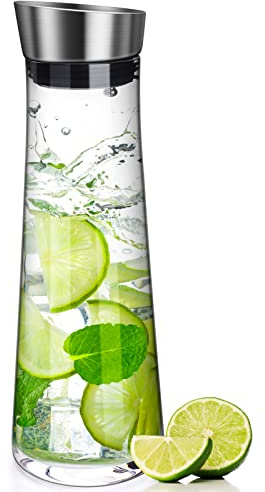 Wasserkaraffe mit Deckel,Glas-Karaffe, (1 Liter) Glaskaraffe mit Deckel und Ausgießer - Karaffe aus Glas für hausgemachte Getränke/Eistee/Milch/Kaffee/Wein