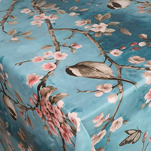 Wachstuchtischdecke Gartentischdecke, Vogel Spatz Türkis Rechteckig 100 x 140 cm, abwaschbare Tischdecke, wasserabweisend, gefaltet