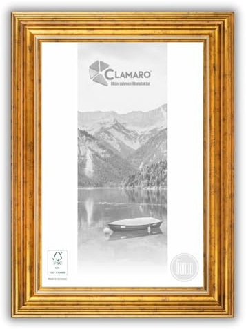 CLAMARO 'GENUA' Bilderrahmen Antik 60x90 Massivholz | Gold | 76 mm breite Shabby Chic Vintage Barock Leiste | Holzrahmen inkl. Acrylglas, Rückwand, Metall Aufhänger
