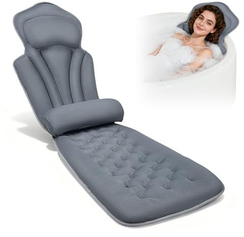 LIFEJXWEN Badewannenkissen mit EXTRA Lendenkissen · 144 Saugnäpfe (12x mehr Halt!) · 4D Weiches Badekissen Set mit Kopfstütze & Abnehmbarem Zusatzkissen · 133x41 cm · Inkl. Waschbeutel (Grau)