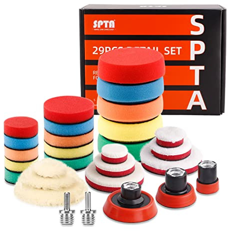 SPTA 29pcs 25mm/50mm/80mm Polierpads Bohrer Polierpad Detail Polierpad Compound Kit mit M14 Gewinde Backing Pad Adapter für Auto Schleifen, Polieren, Wachsen, Dichtungsglase