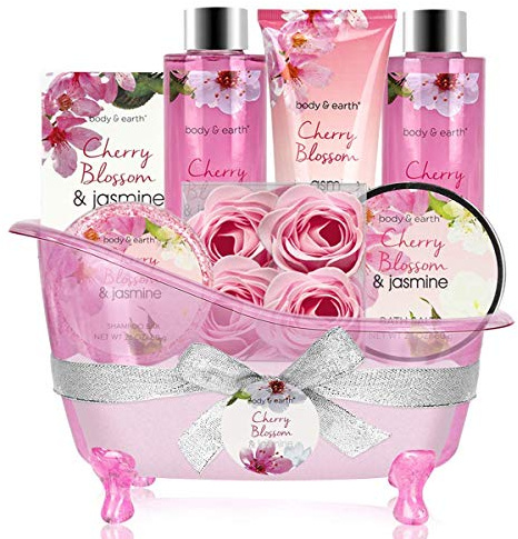 BODY & EARTH Geschenke für Frauen 8 tlg, Kirschblüten und Jasmin Duft, Schaumbad, Duschgel, Badesalz, Bodylotion, SPA Geburtstagsgeschenk für Frauen, Geschenke für Mama, Freundin, Muttertag
