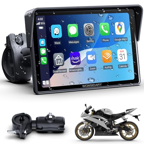 Kabelloses Motorrad CarPlay kompatibel mit Apple CarPlay & Android Auto,W522 5 Zoll IP67 Wasserdicht Touchscreen mit Dual Bluetooth,GPS Navigation,Sprachsteuerung,Equalizer,USB/Acc Stromversorgung