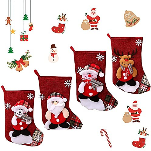 Gibsob 4 Stück Weihnachtsstrumpf Set, Weihnachtsstrumpf zum Befüllen, Nikolausstiefel Leinen, Weihnachtsstrumpf Deko, für Kamin, Weihnachten, Weihnachtsbaum, Zuhause, Restaurant, Schule