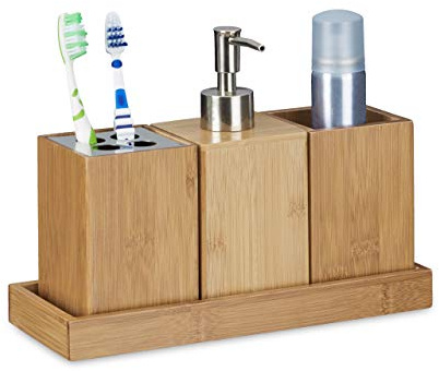 Relaxdays Bad-Accessoires-Set 4-teilig, Bambus, Zahnbürstenhalter, Seifenspender, Seifenablage, Behälter,natur, Badset Bambus Utensilien, Badset Bambus Utensilien
