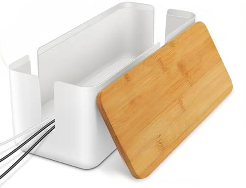 Firschoie Kabelmanagementbox, 30x12x11.5cm, Aufbewahrungsbox für Kabel mit Bambusdeckel, Aufbewahrungsbox zum Verstecken von Kabeln, für Organisieren und Aufbewahren, Weiss