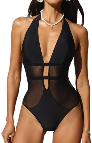 CUPSHE Damen Badeanzug Tiefer V Ausschnitt Neckholder Netzeinsatz Rückenfrei Riemchen Einteilige Bademode Swimsuit Schwarz M