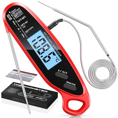 Babacom Fleischthermometer Sofortanzeige mit zwei Sonden & großem Bildschirm, Bratenthermometer mit Alarmeinstellung und Kalibrierung, Grillthermometer für Küche, Ofen, Zucker, Flüssigkeiten, BBQ