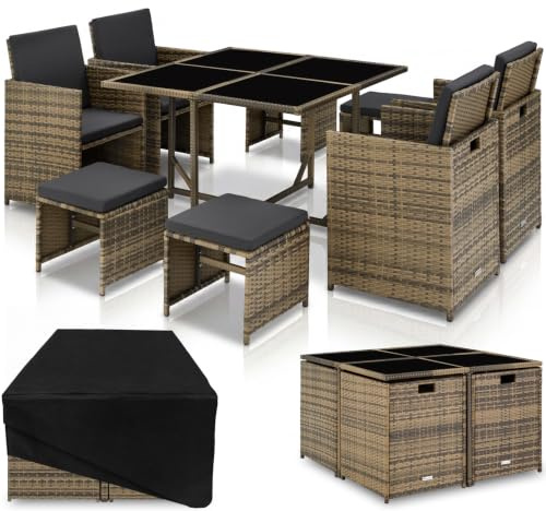 tectake Lounge Möbel Set aus 4X Stühle, 1x Tisch, 4X Hocker, wetterfest und platzsparende Cube Aufbewahrung inkl. Schutzhülle, Outdoor Rattan Gartenmöbel für Balkon, Garten und Terrasse - Natur