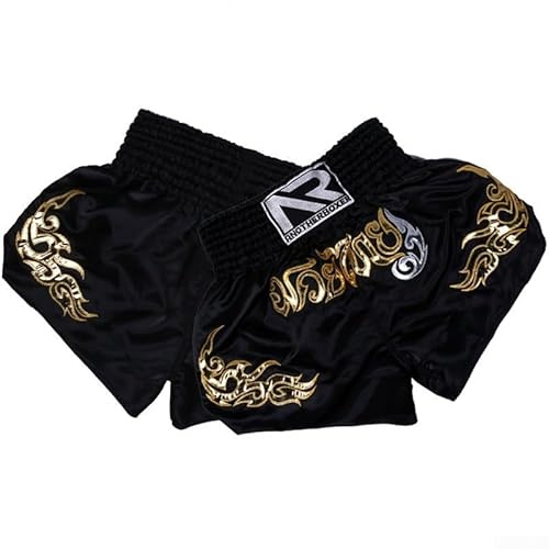 Gdfnmogo Kinder Junior Muay Thai Shorts Kickboxen Training Trunks, bedruckter atmungsaktiver Stoff, Kickboxhose für Jungen und Mädchen, für Fitnessstudio, Sport, Schwarz , S