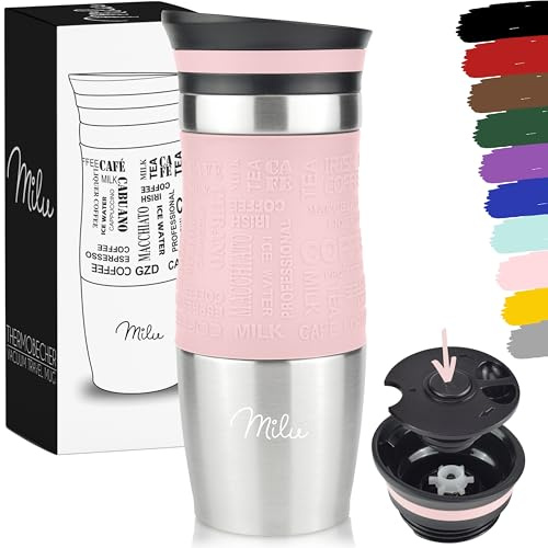 Milu Thermobecher Kaffee to go 370ml, 450ml Isolierbecher Kaffeebecher - 100% Auslaufsicher - Trinkbecher aus Edelstahl - Autobecher doppelwand Isolierung - Travel Mug (Rosa, 370ml)